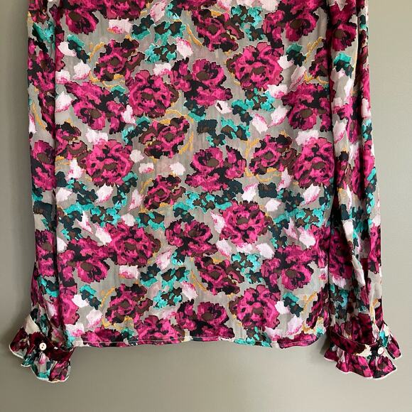 SALONI Emile Floral‎ Print Button Front Silk Top In Blossom Cloudy Rose Size 0 - Picture 16 of 16